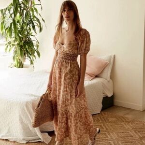 Free People Ellie Print Smocked Midi Dress Cotton